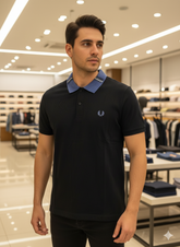 FRD PRRY MEN'S NAVY POLO T-SHIRT WITH AZURE BLUE PATTERNED COLLAR